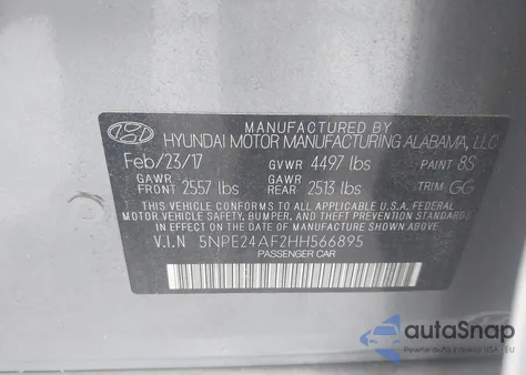2017 Hyundai Sonata Se from USA, damaged, VIN 5NPE24AF2HH566895